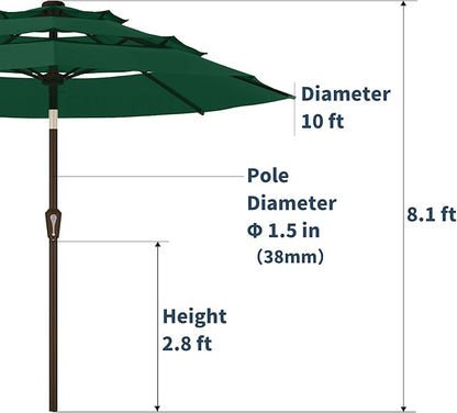 PatioKingdom 9ft 3-Tier Patio Market Umbrella with Crank/Tilt, Commercial Heavy Duty Wind Proof,Outdoor Table Umbrella with 8 Fiberglass Ribs,UPF50+ for Deck,Pool,Garden,Backyard (Dark Green)