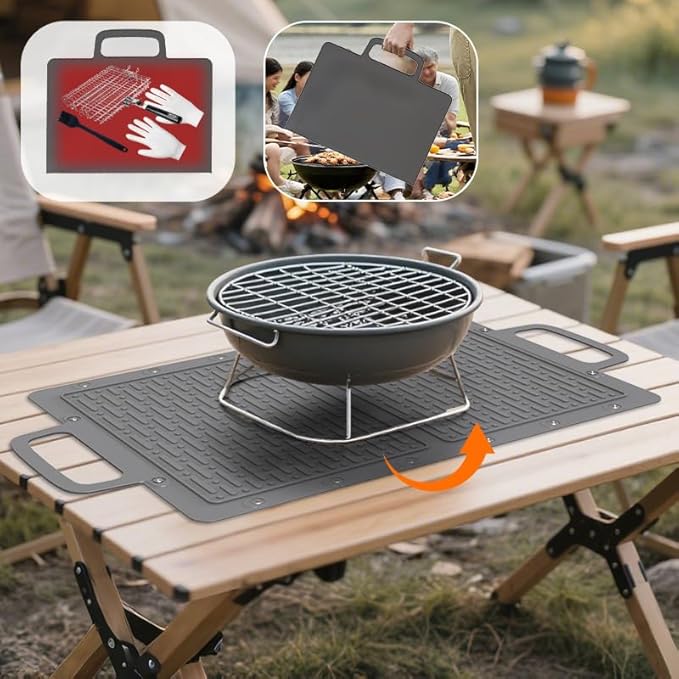 Large Silicone Grill Mat, Heat Resistant Non-Slip BBQ Mat, Foldable Grill Side Shelf Pad with Snap Buttons, Food-Grade, Convertible Storage Bag for BBQ Utensils & Accessories, Gray