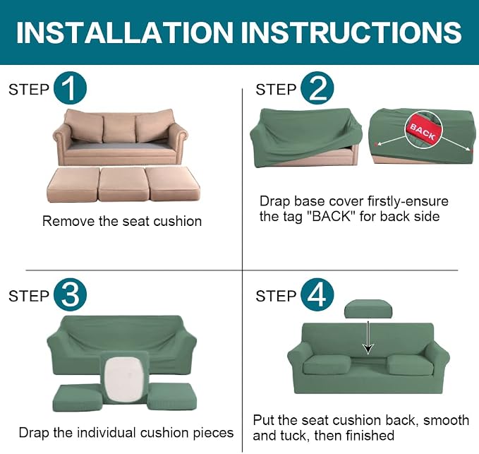Turquoize 4 Piece Sofa Covers for 3 Cushion Couch Sofa Slipcover Soft Couch Cover for Dogs-Washable Sofa Furniture Covers with 3 Individual Large Cushion Covers, Feature Fabric (XL Sofa, Loden Frost)