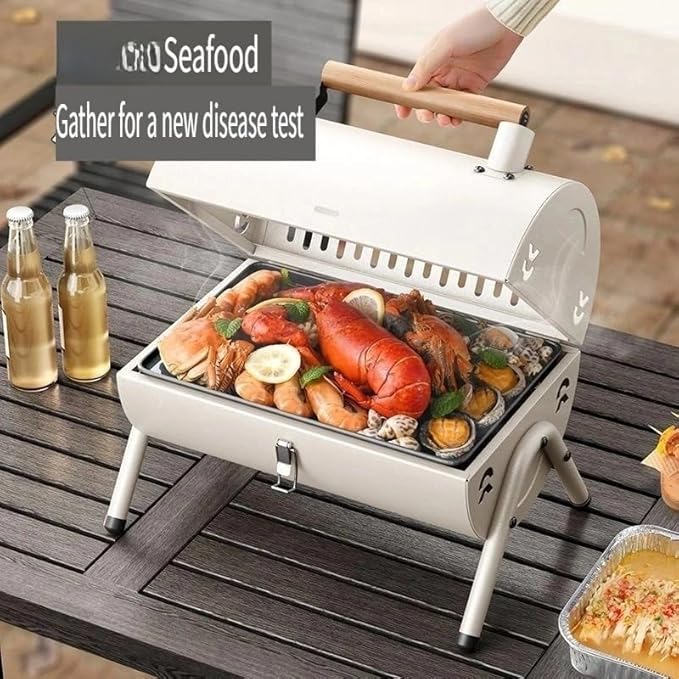 Portable Charcoal BBQ Grill, 16.7x11.4x11.6 inches, Foldable Steel Construction with Ash Pan, Smokeless Design for Camping and Outdoor Cooking (Circular oven [White])