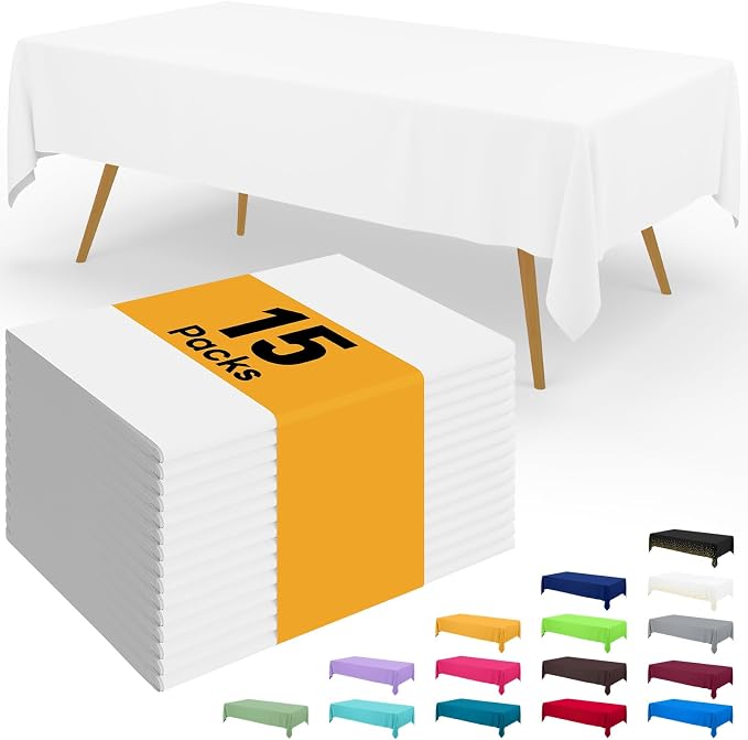 Smiry Disposable Table Cloth - 15 Pack, 54 x 108 Inch Waterproof Rectangle Tablecloths for Parties, Decorative Plastic Table Cover, Leakproof & Sturdy, White