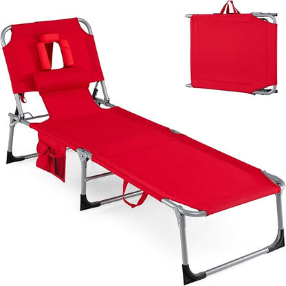 Goplus Tanning Chair, Folding Adjustable Patio Lounger w/Face Arm Holes, 4-Position, 330 LBS, Removable Cushion,Carry Strap, Outdoor Sunbathing Chair, Lightweight Portable Beach Lounge Chair (1, Red)