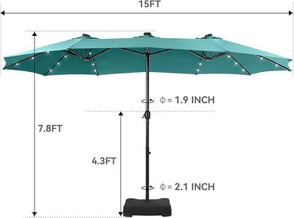 GREEN PARTY 15 ft Large Outdoor Patio Umbrella with Solar Led Lights & Base Included, Double-Sided Rectangular Table Umbrella with Stand, Market Umbrellas for Deck Poolside Garden Backyard, Turquoise