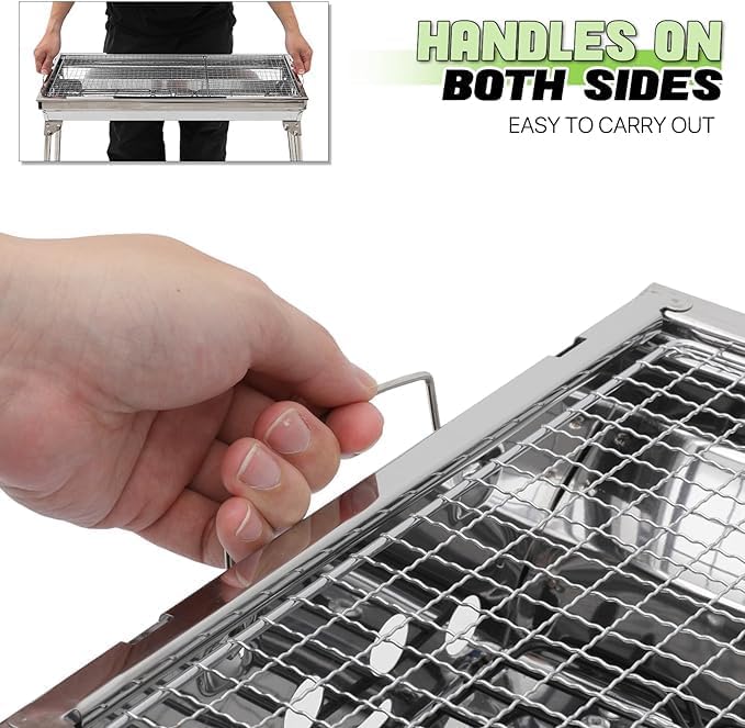 Portable Large Charcoal Grill W/Board Shelf & Flavoring Storage Basket, Outdoor Folding Barbeque Grill Stainless Steel Camp Picnic Cooker with Grill Pan (39.37 x 12.2 x 27.95)"