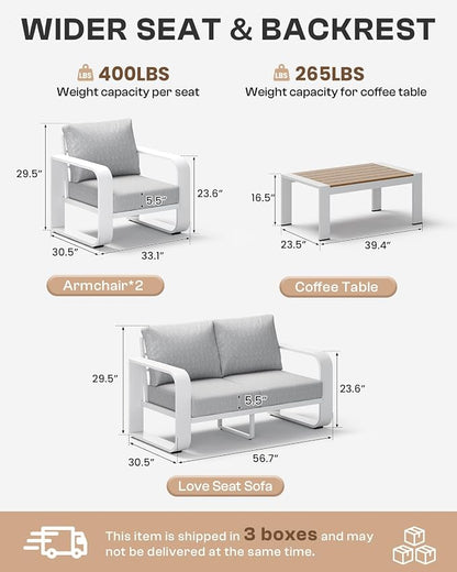 Oversized Aluminum Outdoor Furniture Set, Extra Large Patio Furniture Sofa Set 4.8” Widened Armrest & Ultra-Thick Cushions, 4 Pcs Modern Patio Sectional for Backyard, Deck, White