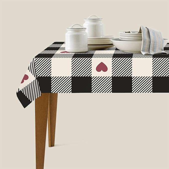 Decorative Rectangle Table Cloths Checkered Valentines Black Plaid Red Heart Tablecloth Table Cover for Dining/BBQ/Picnic/Coffee Table 52 X 70 Inches