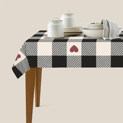 Decorative Rectangle Table Cloths Checkered Valentines Black Plaid Red Heart Tablecloth Table Cover for Dining/BBQ/Picnic/Coffee Table 52 X 70 Inches
