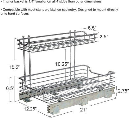 Household Essentials Glidez 2‑Tier Large Multipurpose Chrome‑Plated Steel Pull‑Out/Slide‑Out Under Sink Organizer, Chrome Finish