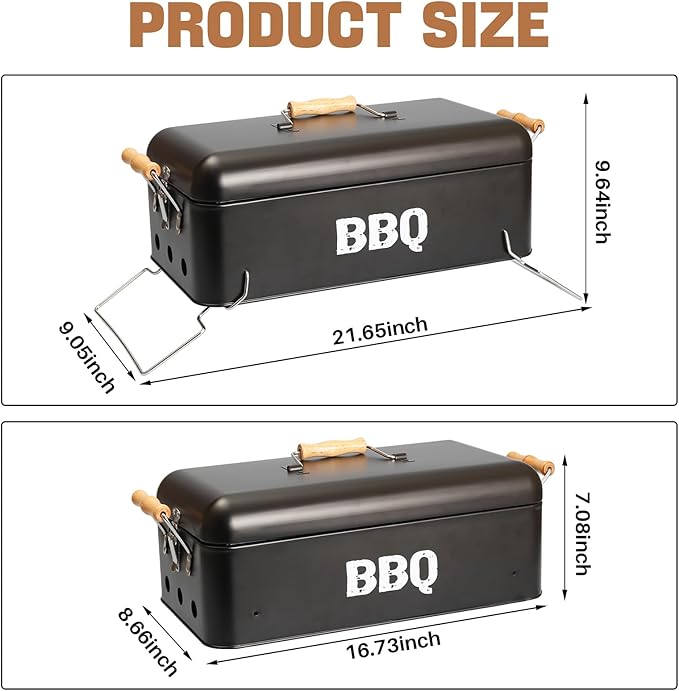 Portable Charcoal Grill 16.5" x 9", Tabletop BBQ Grill with Locking Lid & Wooden Handles for 2-4 People, Travel Size Ideal for Outdoor Camping Picnic, Easy Assembly