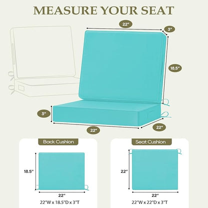 Wellsin Outdoor Deep Seat Patio Cushions, 22 x 22 Waterproof & 3-Year Fade Resistant Outdoor Cushions with Removable Covers,Ties and Handle for Chair, Sofa, Couch, Teal