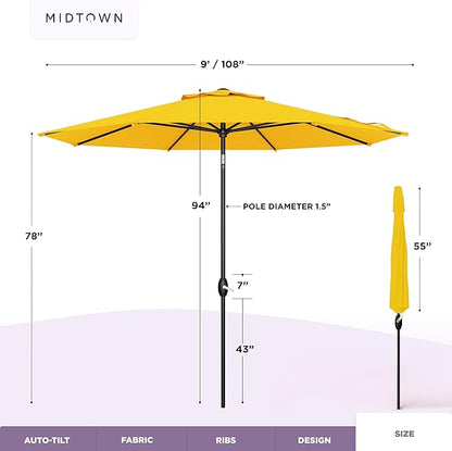 Midtown Umbrellas – The Lean 9 Ft Patio Umbrella with 10-Year-No-Fade Acrylast Acrylic Fabric, Auto-Tilt and 8 Reinforced Ribs for Deck, Pool, Garden, Hotel & Cafes – Studio Yellow Canopy, Black Pole