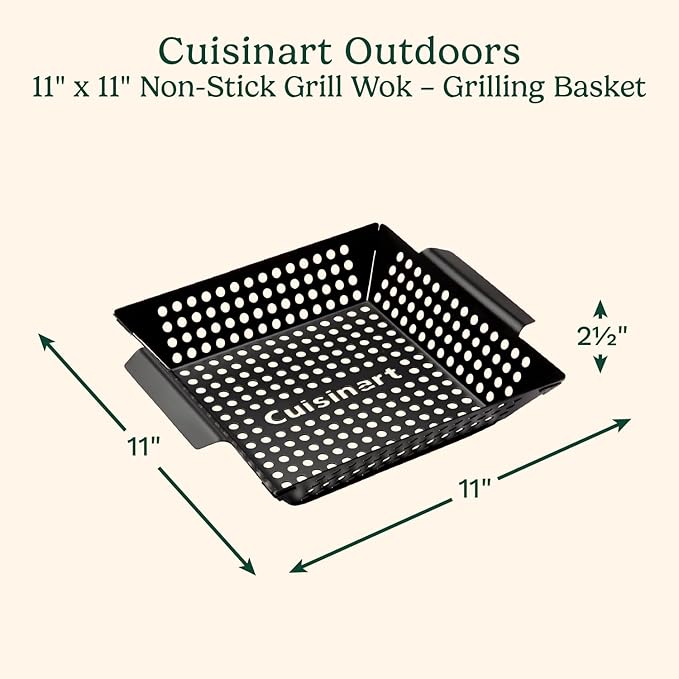 Cuisinart 11" x 11" Non-Stick Grill Wok, Perforated BBQ Grill Basket for Grilling Veggies, Meat & Stir-Fry, Outdoor Grilling Basket for Charcoal and Gas Grills