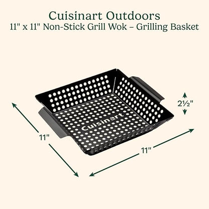 Cuisinart 11" x 11" Non-Stick Grill Wok, Perforated BBQ Grill Basket for Grilling Veggies, Meat & Stir-Fry, Outdoor Grilling Basket for Charcoal and Gas Grills
