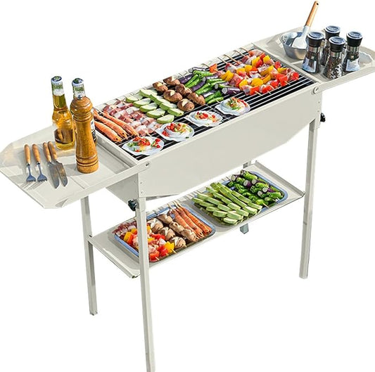 GIZNXBA Portable Charcoal Grill Foldable, Portable BBQ Charcoal Grill with Shelf, BBQ Lamb Skewer Folded Camping Barbecue Grill for Garden Backyard Party Picnic Travel Outdoor(Color:/Beige)