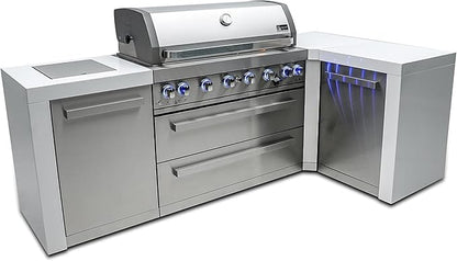 Mont Alpi Premium 94"W x 50"D Deluxe Stainless Steel L-shaped Modular Outdoor Kitchen Island with Infrared Side Burner + 44"W 6-Burner BBQ Gas Grill + Granite Countertops + Storage Cabinets & Drawers