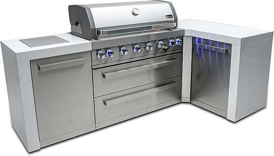 Mont Alpi Premium 94"W x 50"D Deluxe Stainless Steel L-shaped Modular Outdoor Kitchen Island with Infrared Side Burner + 44"W 6-Burner BBQ Gas Grill + Granite Countertops + Storage Cabinets & Drawers