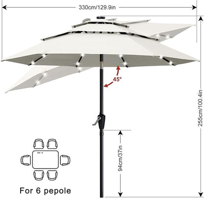 ABCCANOPY 3-Tiers 11FT Solar Patio Umbrella, Outdoor Umbrella with 32 LED Lights for for Deck, Pool, Garden, Backyard (Light Beige)