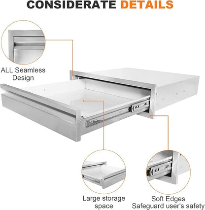 PioneerWorks 24" W x 6.5" H x 23" D Outdoor Kitchen Drawers, 3-Layer Outdoor Kitchen Access Drawer, Stainless Steel Built-in BBQ Drawer for Outdoor Kitchen Island, Patio Grill Station