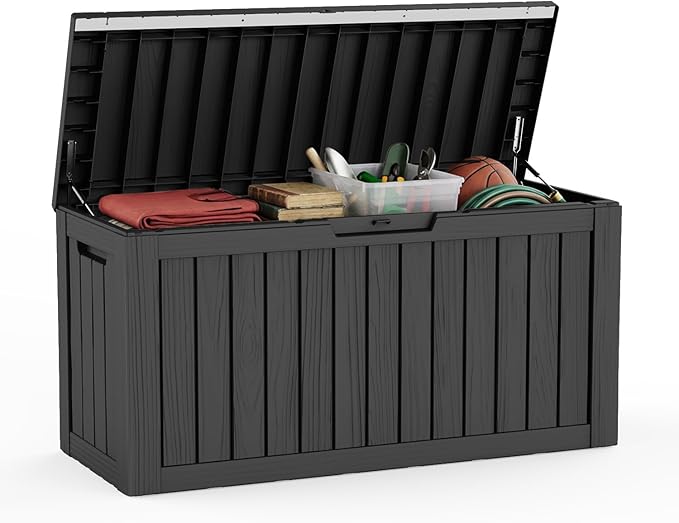 Pepe Tee Waterproof Resin Deck Box, Outdoor Storage Bin for Patio Furniture Cushions, All-Weather Garden Organizer & Seating Bench, Black