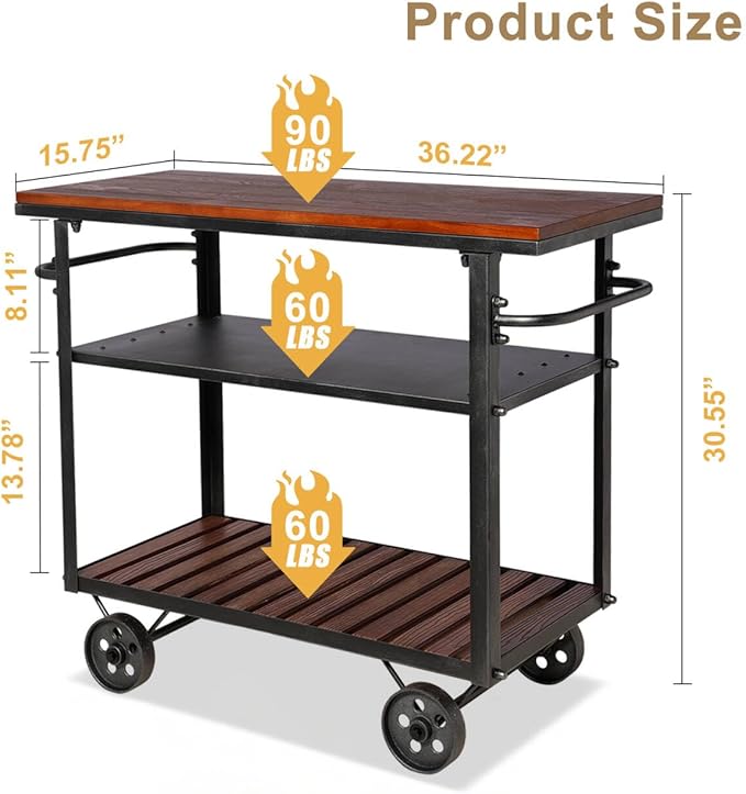 Vintage Rolling Bar Cart on Wheels Industrial Mobile Serving Cart Metal and Wood Design for Kitchen Bar Office Coffee House 36.2" Lx15.75 Wx30.5 H 3 Tier with 2 Side Handle