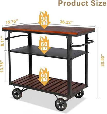 Vintage Rolling Bar Cart on Wheels Industrial Mobile Serving Cart Metal and Wood Design for Kitchen Bar Office Coffee House 36.2" Lx15.75 Wx30.5 H 3 Tier with 2 Side Handle