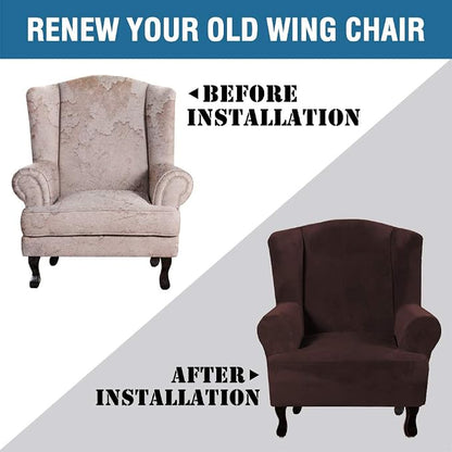 H.VERSAILTEX Wingback Chair Covers Velvet Plush Wing Chair Slipcover 1 Piece High Stretch Wing Back Chair Slipcovers Sofa Cover Furniture Cover with Elastic Bottom, Brown