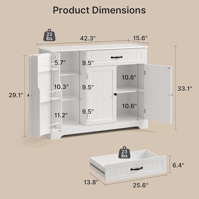 42'' Buffet Cabinet, Coffee Bar Cabinet for Living Room, White | Coffee Bar, Sideboard Cabinet with Internal Storage Shelf for Dining Room, Kitchen, Living Room, Kitchen and Laundry Room