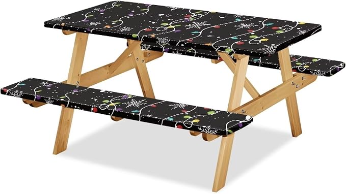 Elastic Fitted Table Cloth for Camping Party Supplies Christmas Pattern Picnic Table Cover with Bench Covers 3 PCS for Outdoor BBQ Camping