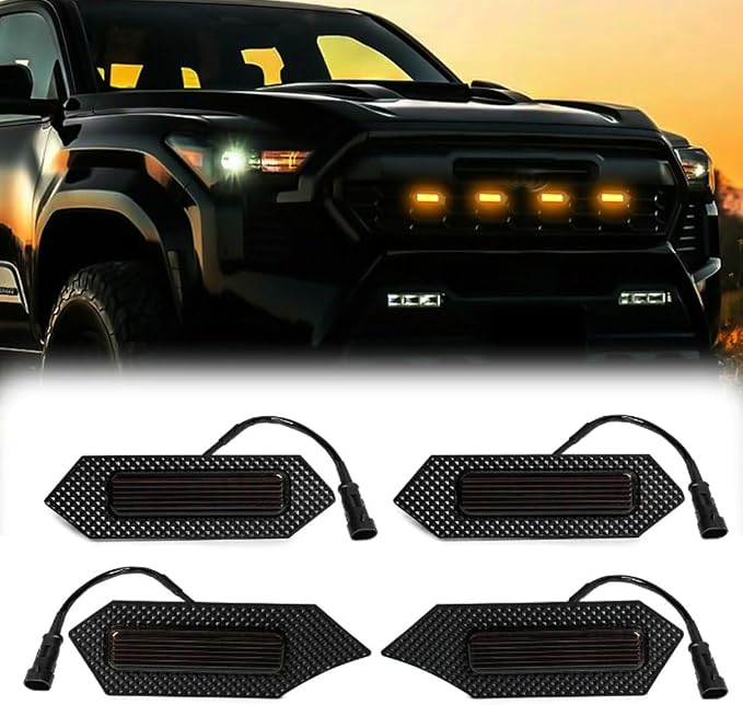 4Pcs Front Bumper Led Grille Lights Kit Smoked Lens Housing Amber for 2024 Toyota Tacoma TRD Series & Trailhunter Model Grilles (Black Shell)