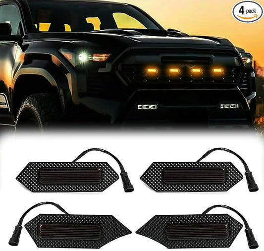4Pcs Front Bumper Led Grille Lights Kit Smoked Lens Housing Amber for 2024 Toyota Tacoma TRD Series & Trailhunter Model Grilles (Black Shell)