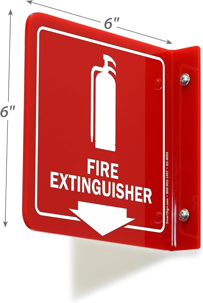 SmartSign (4-Pack) Fire Extinguisher Projecting Sign - 6" x 6", Two-Sided Wall Mount Polished Acrylic Hallway Sign with Down Arrow, White on Red