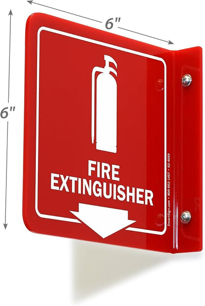 SmartSign (4-Pack) Fire Extinguisher Projecting Sign - 6" x 6", Two-Sided Wall Mount Polished Acrylic Hallway Sign with Down Arrow, White on Red