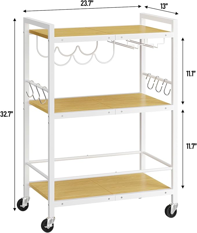 TUTOTAK Bar Cart with Wheels, Drink Cart with Wine Rack and Glass Holder | 3-Tier 23.7 Inch Wide Home Bar Serving Carts, Small Mobile Kitchen Shelf with 6 Hooks BC01BOW030