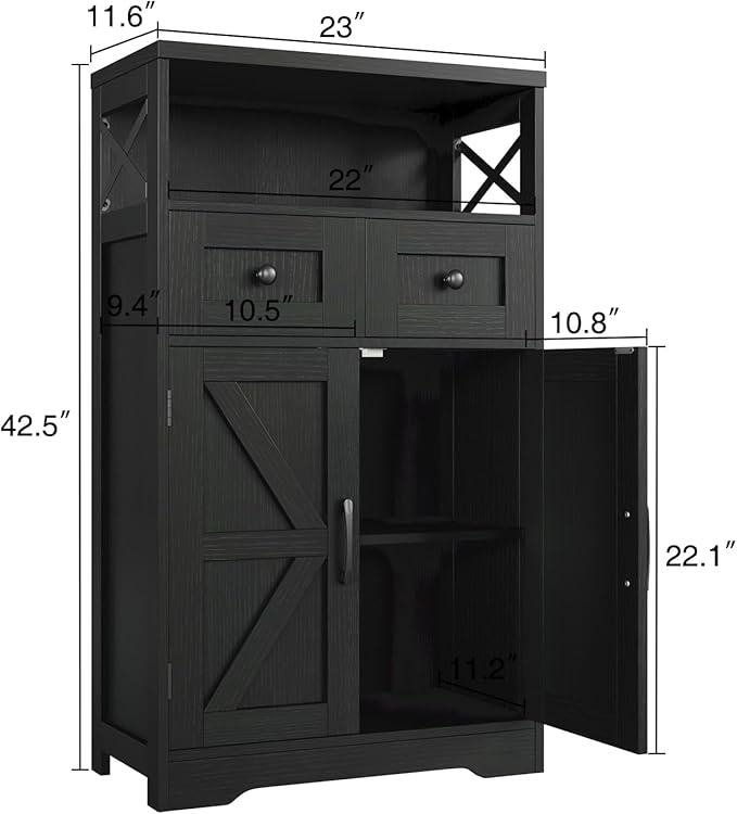 Befrases Black Storage Cabinet with Drawers and Shelves, Freestanding Black Kitchen Pantry, Floor Storage Cabinet Hutch Cupboard for Dining, Living Room, Home Office