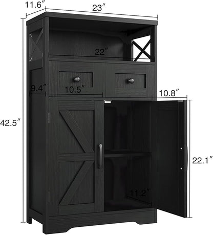 Befrases Black Storage Cabinet with Drawers and Shelves, Freestanding Black Kitchen Pantry, Floor Storage Cabinet Hutch Cupboard for Dining, Living Room, Home Office