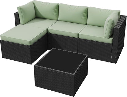 Aoxun Patio Furniture Set 5-Piece, Outdoor Sectional Sofas with Washable Cushion, Wicker Rattan Patio Conversation Sets for Backyard Porch and Poolside, Mint Green