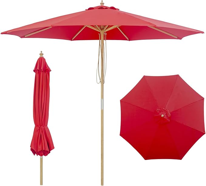 9FT/10FT Wood Patio Umbrella, Large Outdoor Table Pool Umbrella | 205G Olefin/180G Polyester Fabric, Push-Pull Operation Market Umbrella, 8 Rib Vented Canopy, Ideal for Patio, Backyard
