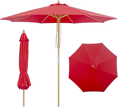 9FT/10FT Wood Patio Umbrella, Large Outdoor Table Pool Umbrella | 205G Olefin/180G Polyester Fabric, Push-Pull Operation Market Umbrella, 8 Rib Vented Canopy, Ideal for Patio, Backyard