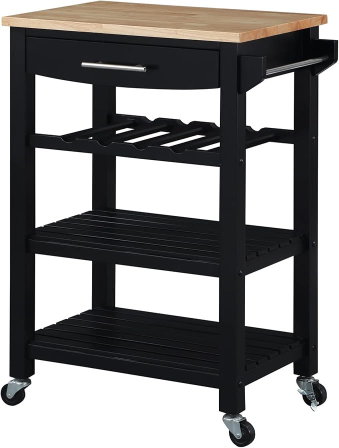 Convenience Concepts Ellaine Butcher Block Kitchen Cart 24.75" - 4 Tier Kitchen Island with Storage Drawer, Dining Room Wine Rack on Wheels, Coffee Station Table, Mobile Utility Trolley, Black