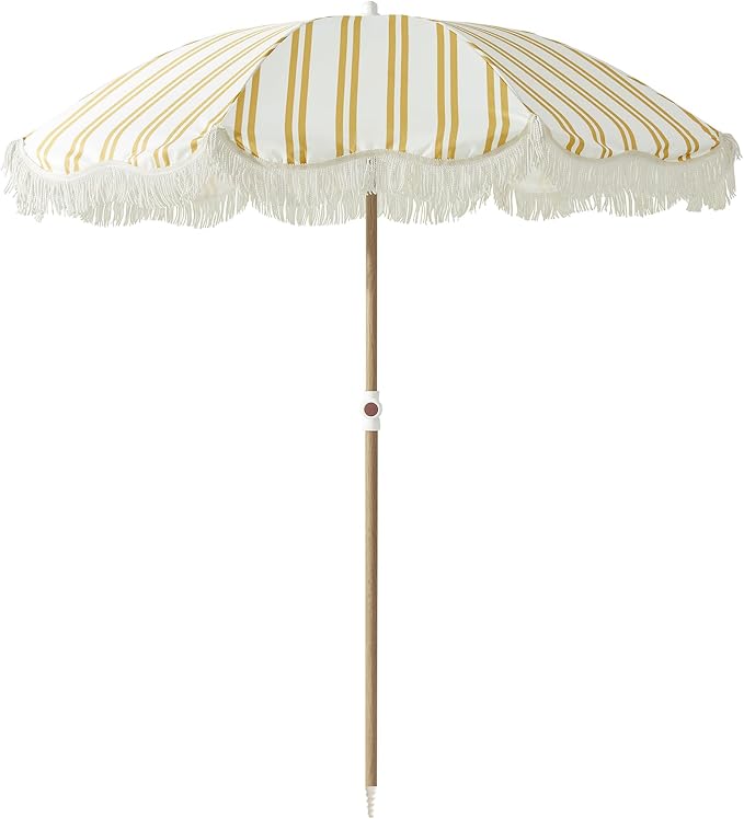 6FT Striped Fringe Beach Umbrella, Sand Anchor, UPF 50+ Sun Shade | Adjustable Tilt & Portable Design, Coastal Umbrella for Beach & Patio, Heritage Mimosa Stripe