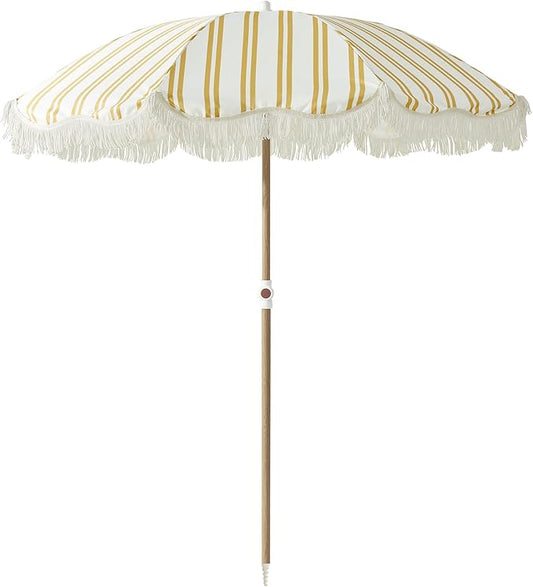 6FT Striped Fringe Beach Umbrella, Sand Anchor, UPF 50+ Sun Shade | Adjustable Tilt & Portable Design, Coastal Umbrella for Beach & Patio, Heritage Mimosa Stripe