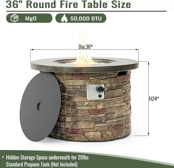 36" Propane Gas Fire Pit Table, 50,000 BTU Round Outdoor Concrete Fire Pit with Stainless Steel Burner, Pulse Ignition, Hidden Tank Storage & Lid, Optional Natural Gas Conversion for Patio, Garden