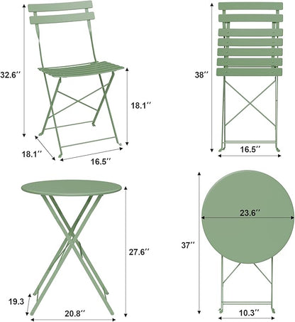 Bistro Table and Chairs Set of 2, 3 Piece Outdoor/Indoor Folding Patio Bistro Sets, 2 Chair Patio Furniture Set with Table, Premium Frame Foldable Coffee Tables for Balcony, Yard, Garden, Green