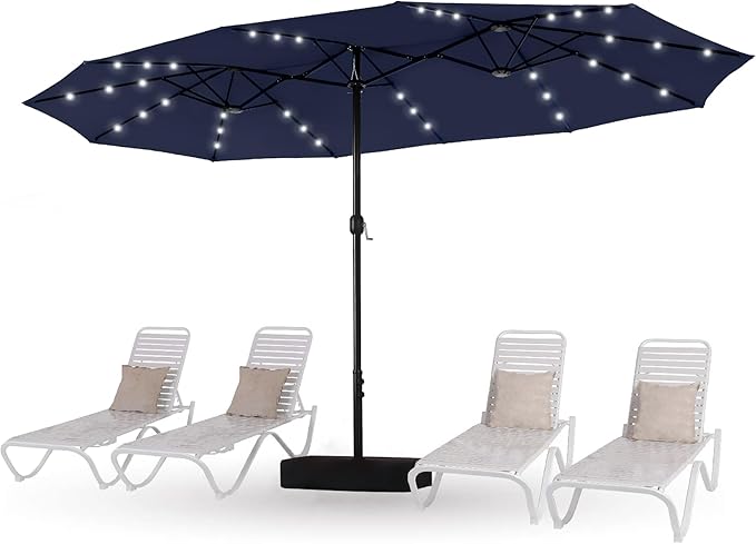 15ft Patio Umbrella with Solar lights & Base, Large Umbrellas, Navy Blue | HERA'S PALACE Rectangle Double Market Umbrella with 36 LED Lights, Big Outdoor Umbrellas for Pool Picnic Inground Yard Deck