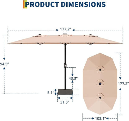 15FT Outdoor Patio Umbrella,Double-Sided Rectangle Market Umbrella with 36 LED Solar Lights & Base,UV50+ Weather-Resistant Oversized Outdoor Umbrella,Crank Lift,3-Way Shade for Pool,Garden,Backyard