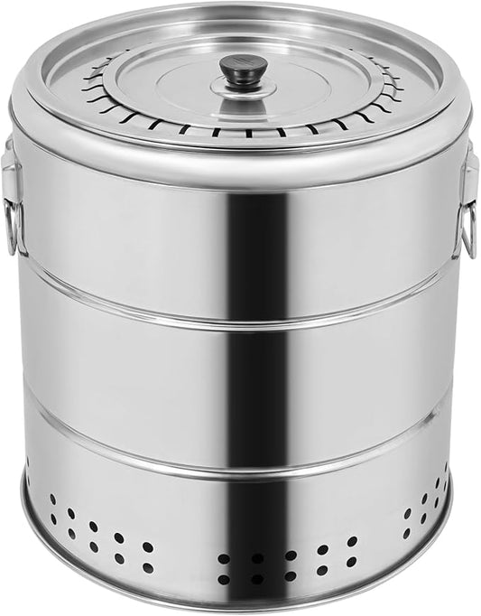 Portable Smokeless Barbecue Charcoal Barrel Grill, Stainless Steel Surround Charcoal Kebab Grill with 30 Skewers and BBQ Grill Cooking Grate, 15.4 Inch Diameter for Outdoor Camping Patio Backyard