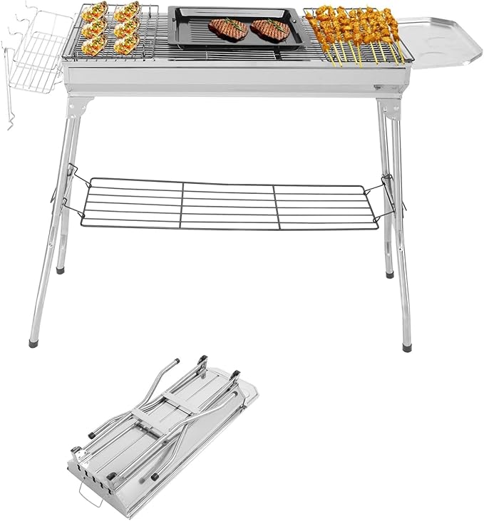Outvita Portable Charcoal Grill, 39 x 12x 28" Foldable Barbecue Grill, Stainless Steel BBQ Grill and Smoker for Outdoor Cooking Camping Hiking Picnic Garden Beach Party(Large)