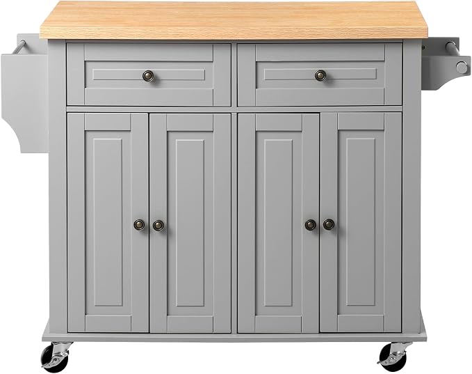 VEVOR Kitchen Island Cart with Storage, 43.7 in Wide Mobile Rolling Storage Island on Swivel Wheels, with 2 Drawers, Storage Cabinet, Spice/Towel Rack, Hooks, Table for Home Dining Room, Gray
