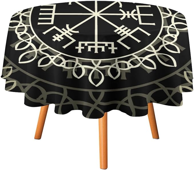 Vintage Viking Pattern Round Tablecloth, Viking Ancient Runic Scandinavian Celtic Seasonal Table Cloth Waterproof Wipeable Table Cover for Picnic Holiday Party Kitchen Dining 36"