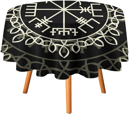 Vintage Viking Pattern Round Tablecloth, Viking Ancient Runic Scandinavian Celtic Seasonal Table Cloth Waterproof Wipeable Table Cover for Picnic Holiday Party Kitchen Dining 36"